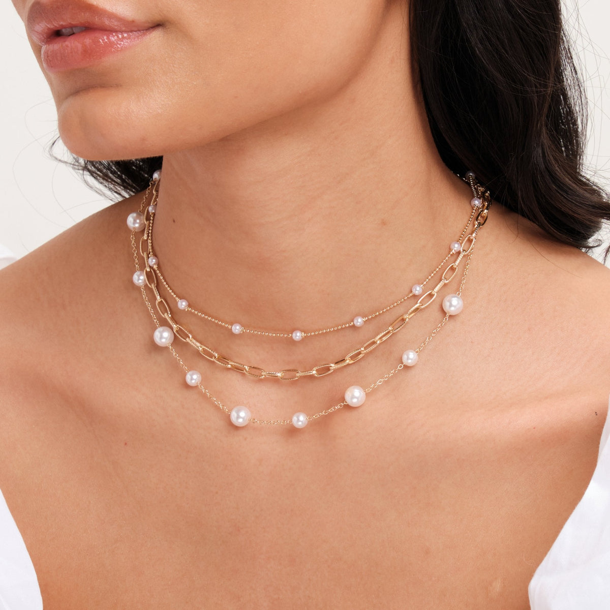 Mood Gold Pearl Chain Multirow Necklace - Pack Of 3
