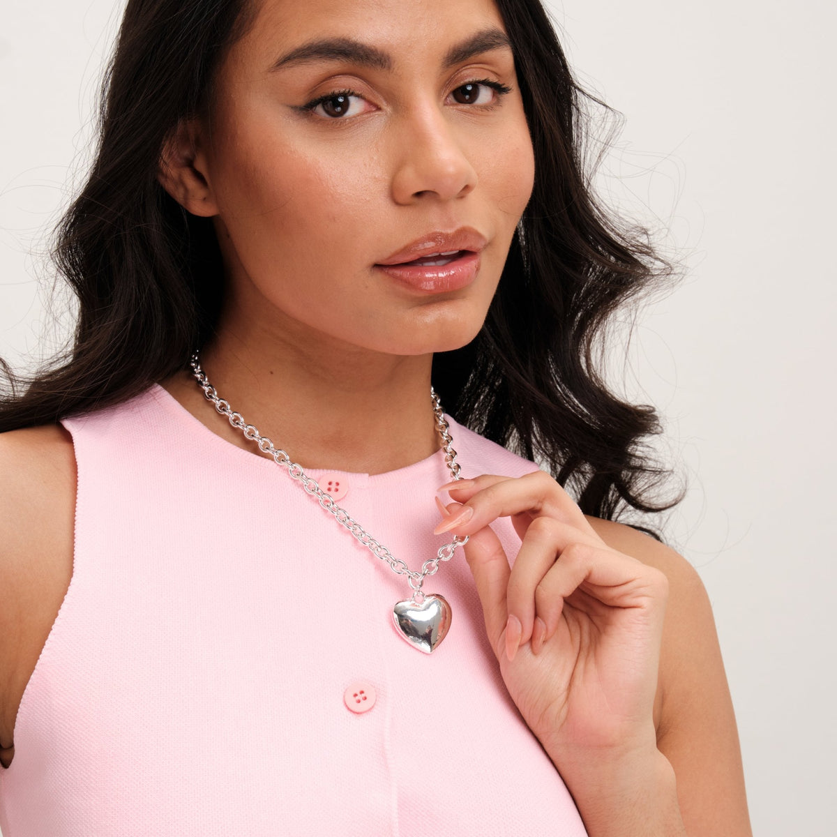 Mood Silver Polished Puffed Heart Double Chain Pendant Necklace