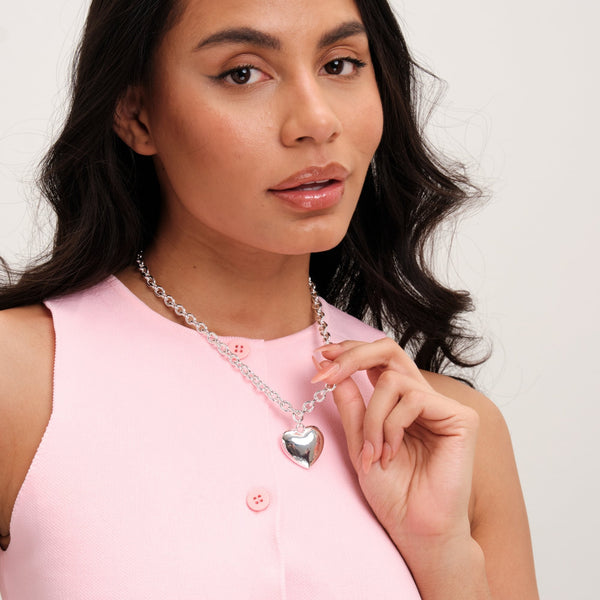 Mood Silver Polished Puffed Heart Double Chain Pendant Necklace