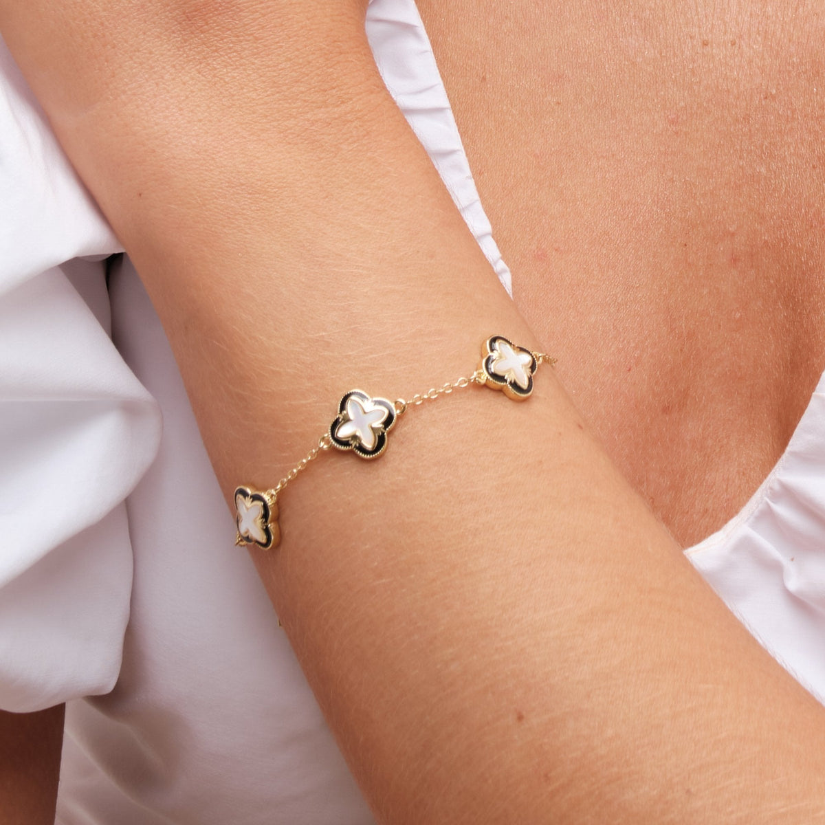 Inicio Gold Plated Jet Enamel And Mother Of Pearl Clover Bracelet - Gift Pouch