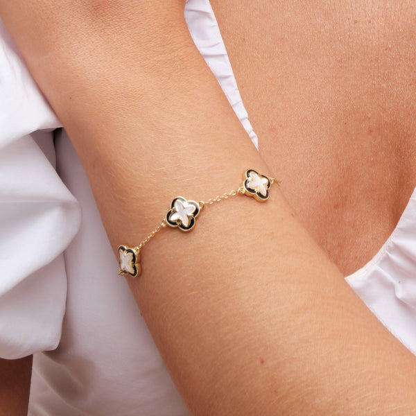 Inicio Gold Plated Jet Enamel And Mother Of Pearl Clover Bracelet - Gift Pouch