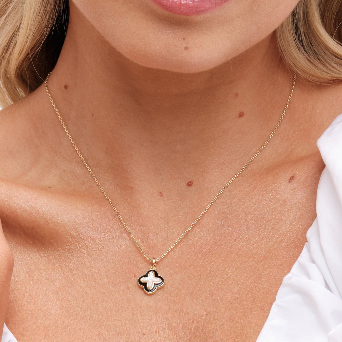 Inicio Gold Plated Jet Enamel And Mother Of Pearl Clover Pendant - Gift Pouch