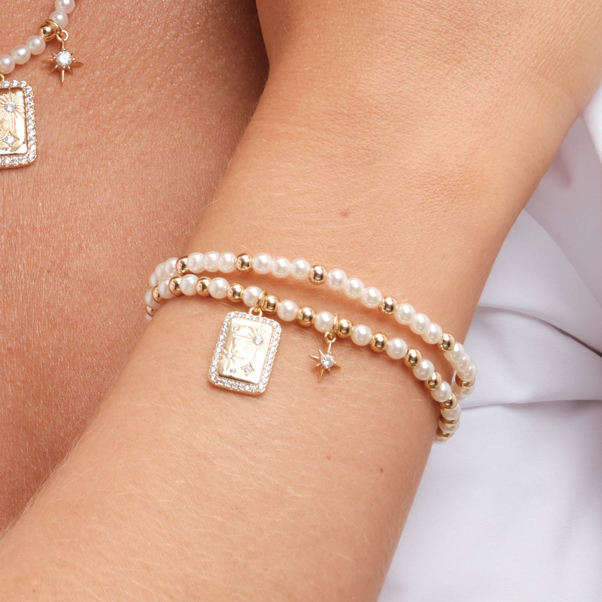 Inicio Gold Plated Pearl And Celestial Charm Double Bracelet - Gift Pouch