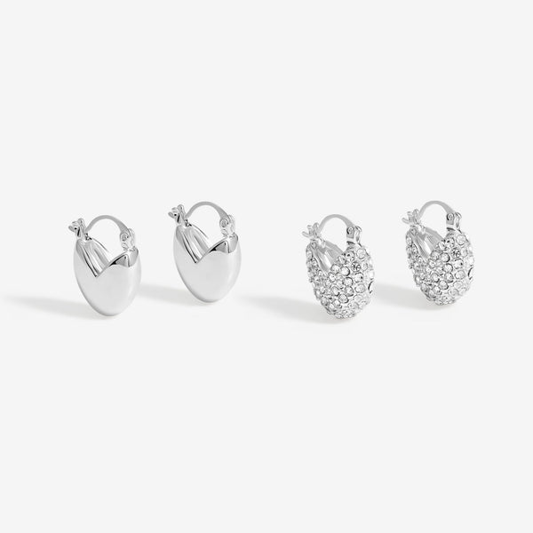 Mood Silver Crystal Puffed Heart Huggie Hoop Earrings - Pack Of 2