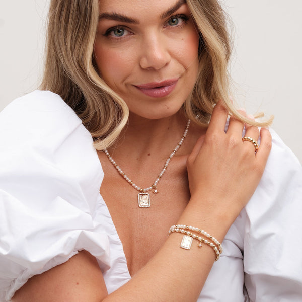 Inicio Gold Plated Pearl And Celestial Charm Double Bracelet - Gift Pouch