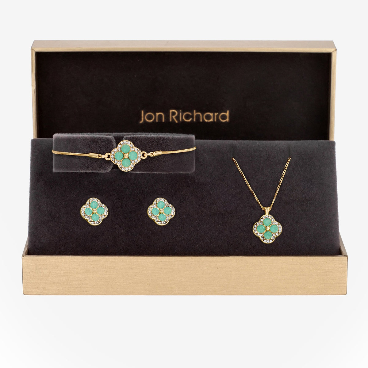 Jon Richard Gold Plated Green Clover Trio Set - Gift Boxed