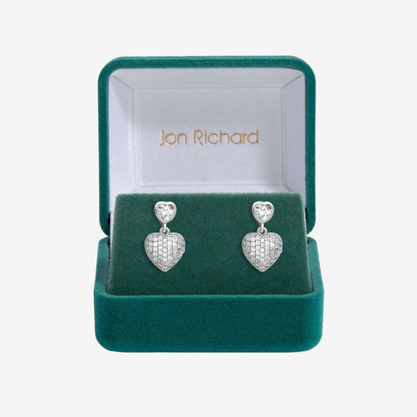 Jon Richard Rhodium Plated Cubic Zirconia Micro Pave Heart Earrings - Gift Boxed