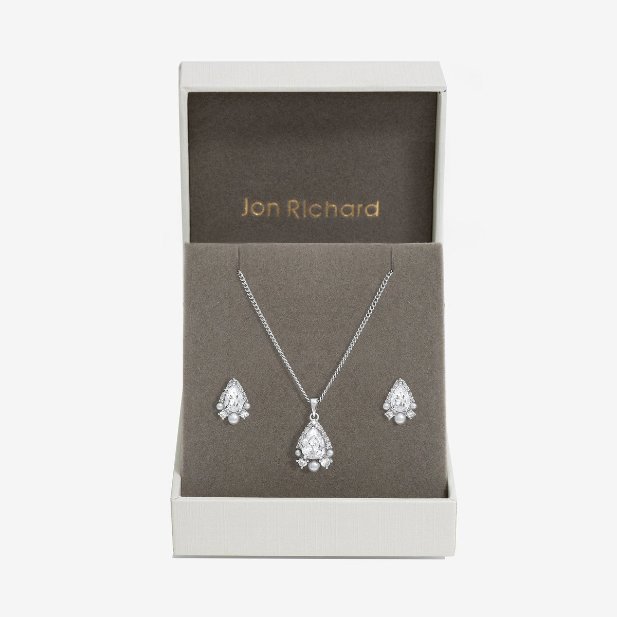 Jon Richard Rhodium Plated Cubic Zirconia Pear Drop And Pearl Set - Gift Boxed