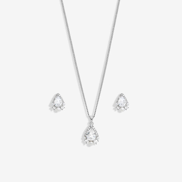 Jon Richard Rhodium Plated Cubic Zirconia Pear Drop And Pearl Set - Gift Boxed