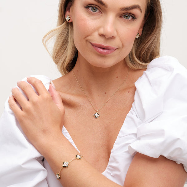 Inicio Gold Plated Jet Enamel And Mother Of Pearl Clover Earrings - Gift Pouch