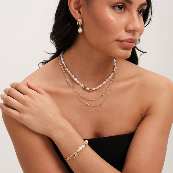 Inicio Gold Plated Semi Precious Pearl And Chain Layered Necklace - Gift Pouch
