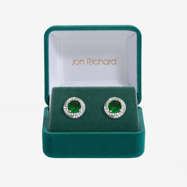 Jon Richard Rhodium Plated Cubic Zirconia Emerald Halo Stud Earrings - Gift Boxed