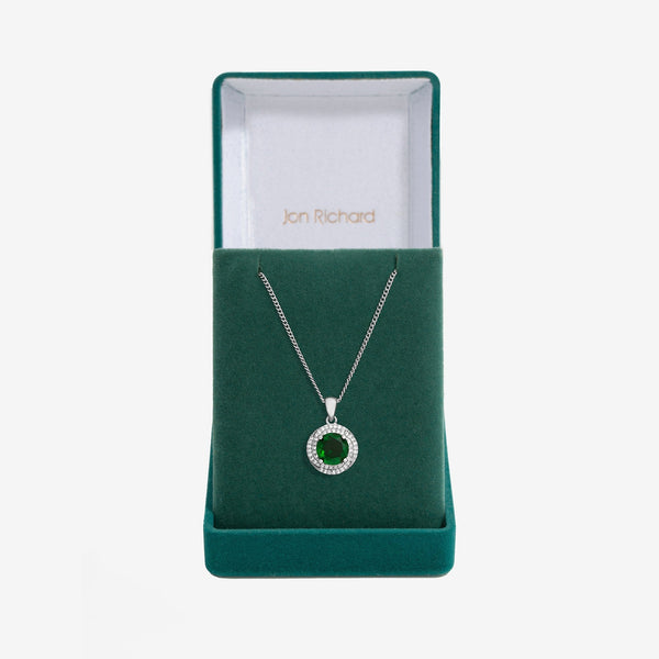 Jon Richard Rhodium Plated Cubic Zirconia Emerald Halo Pendant - Gift Boxed