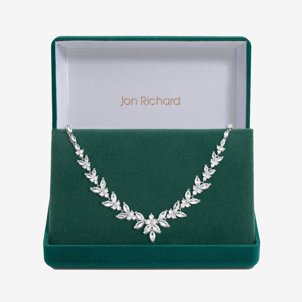 Jon Richard Rhodium Plated Cubic Zirconia Statement Floral Necklace - Gift Boxed