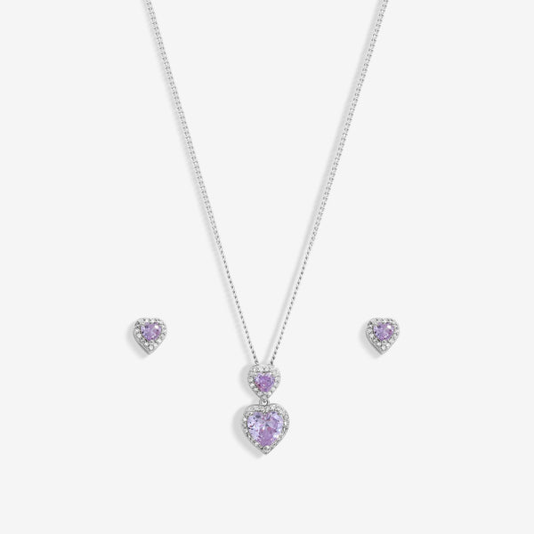 Jon Richard Rhodium Plated Cubic Zirconia Lavender Halo Double Heart Set - Gift Boxed