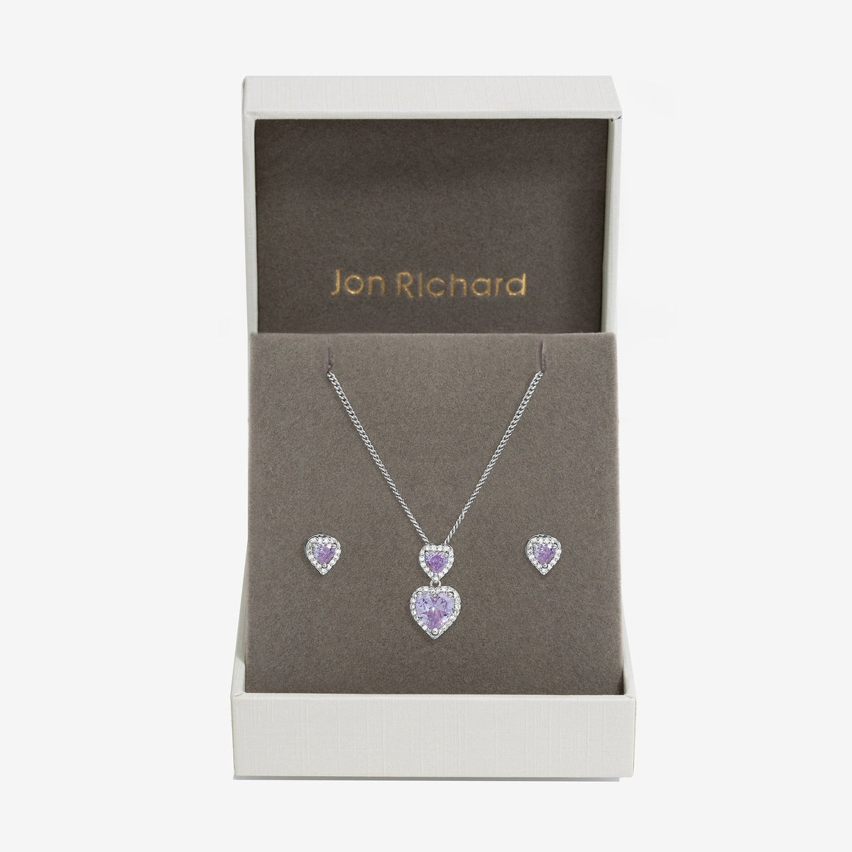 Jon Richard Rhodium Plated Cubic Zirconia Lavender Halo Double Heart Set - Gift Boxed