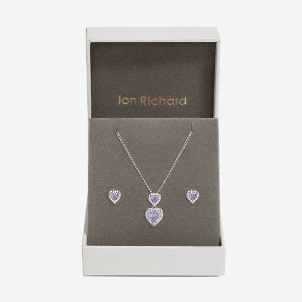 Jon Richard Rhodium Plated Cubic Zirconia Lavender Halo Double Heart Set - Gift Boxed