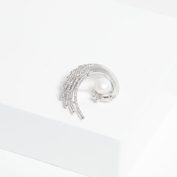 Jon Richard Silver Plated Crystal And Swirl Pearl Brooch - Gift Boxed