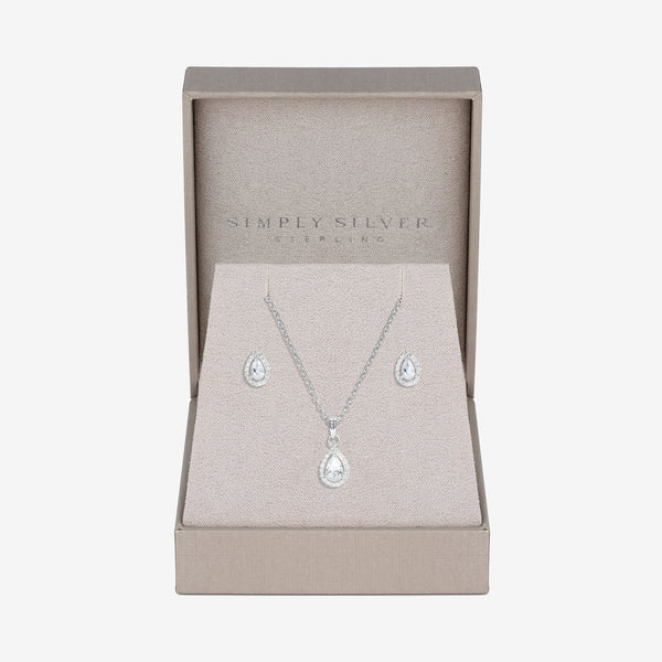 Simply Silver Sterling Silver 925 Cubic Zirconia Halo Teardrop Set - Gift Boxed