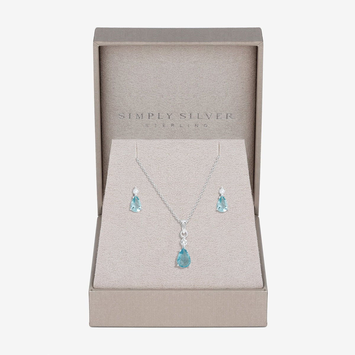 Simply Silver Sterling Silver 925 Cubic Zirconia and Aqua drop set- Gift Boxed