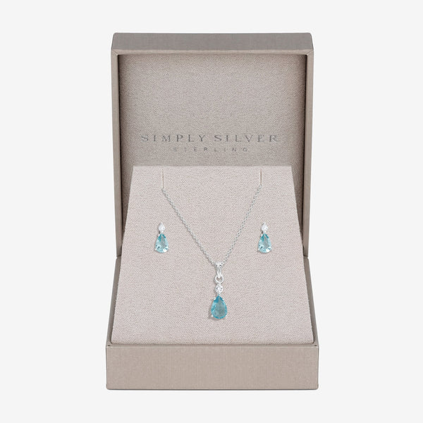 Simply Silver Sterling Silver 925 Cubic Zirconia and Aqua drop set- Gift Boxed