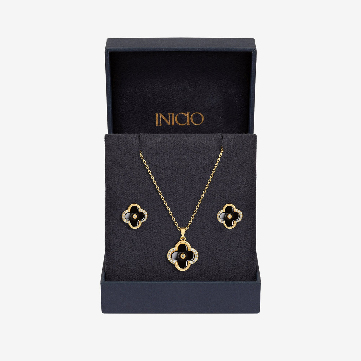 Inicio Gold Plated And Jet Enamel Clover Set - Gift Boxed
