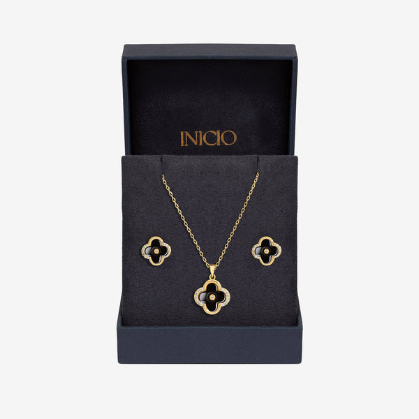 Inicio Gold Plated And Jet Enamel Clover Set - Gift Boxed