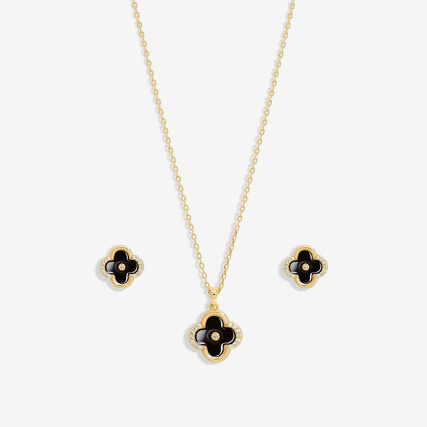 Inicio Gold Plated And Jet Enamel Clover Set - Gift Boxed