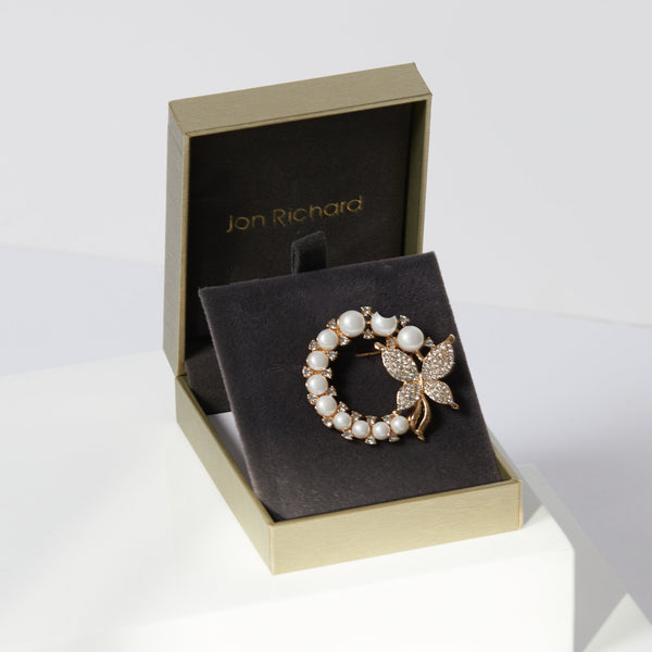 Jon Richard Gold Plated Pearl And Butterfly Wreath Brooch - Gift Boxed