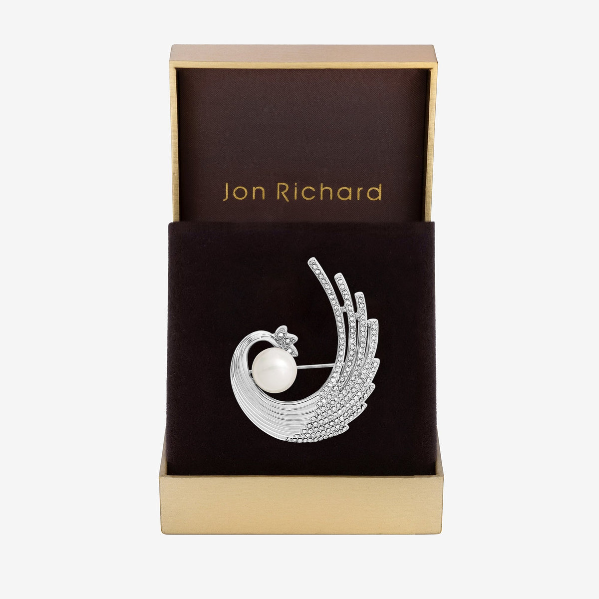Jon Richard Silver Plated Crystal And Swirl Pearl Brooch - Gift Boxed
