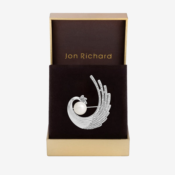 Jon Richard Silver Plated Crystal And Swirl Pearl Brooch - Gift Boxed