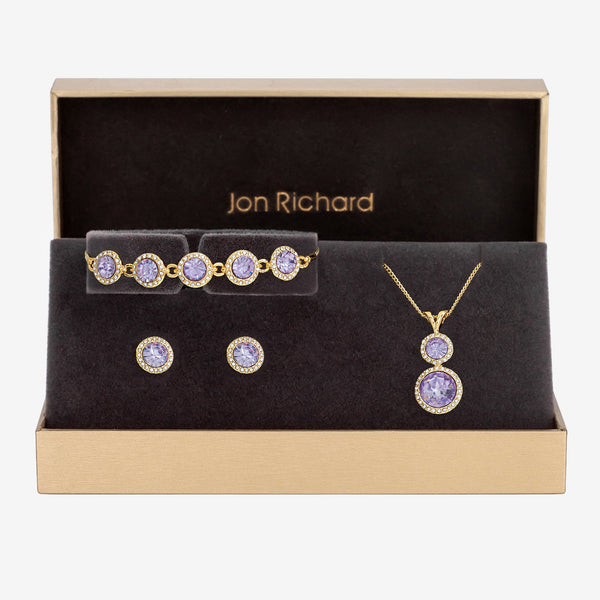 Jon Richard Gold Plated Crystal And Lavender Halo Double Solitaire Trio Set - Gift Boxed