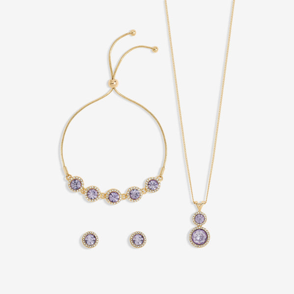 Jon Richard Gold Plated Crystal And Lavender Halo Double Solitaire Trio Set - Gift Boxed