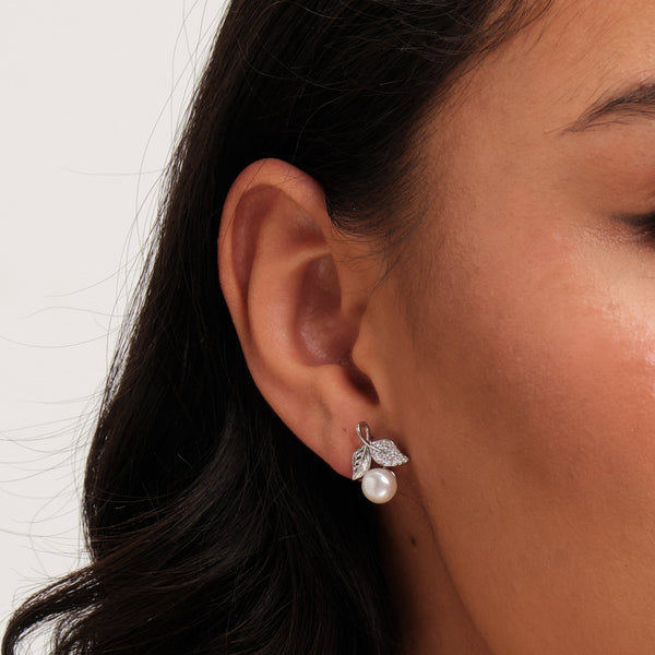 Jon Richard Rhodium Plated Leaf Cubic Zirconia And Pearl Earrings