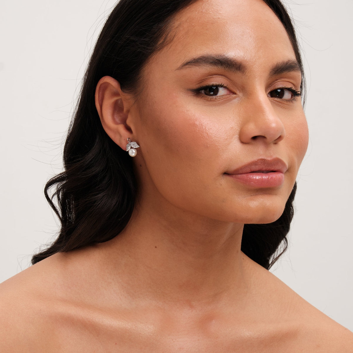 Jon Richard Rhodium Plated Leaf Cubic Zirconia And Pearl Earrings