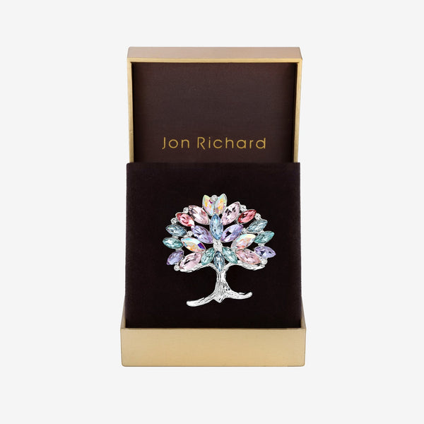 Jon Richard Silver Plated Multi Coloured Tree Of Life Brooch - Gift Boxed