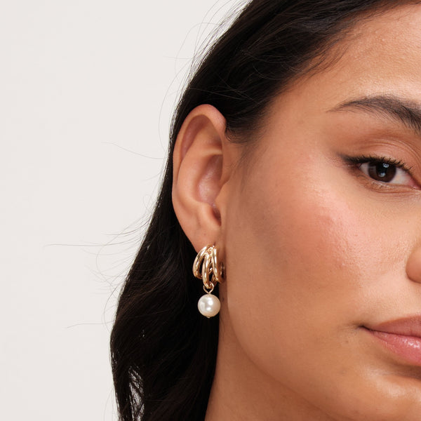Inicio Gold Plated Tripple Row And Pearl Hoop Earrings - Gift Pouch