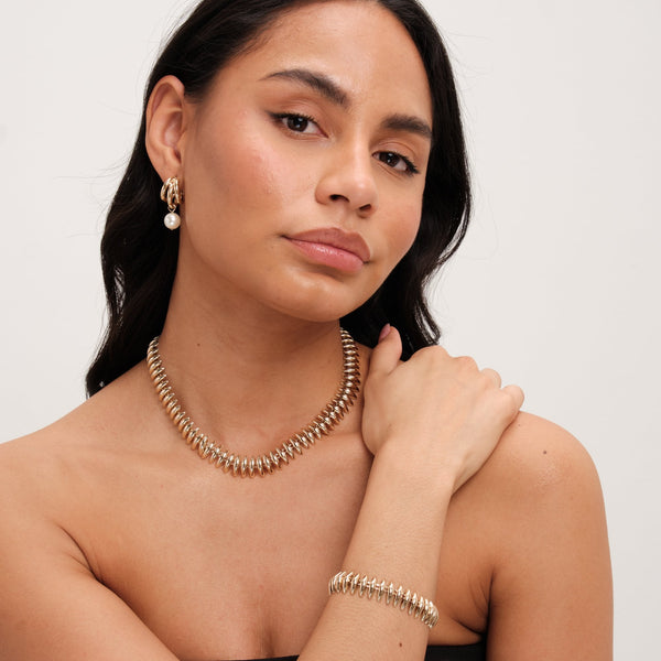 Inicio Gold Plated Tripple Row And Pearl Hoop Earrings - Gift Pouch