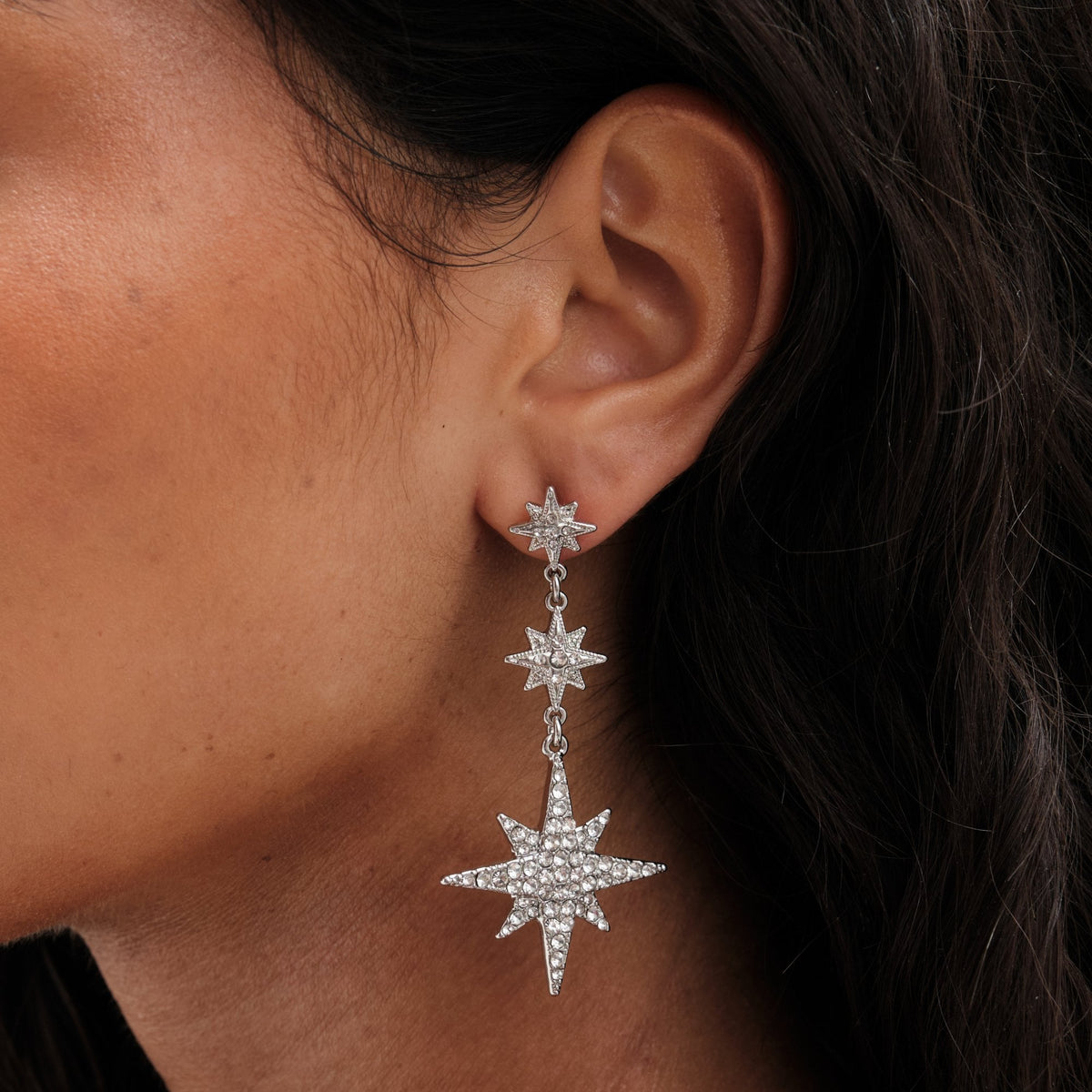 Silver Crystal Moon And Star Statement Drop Earrings