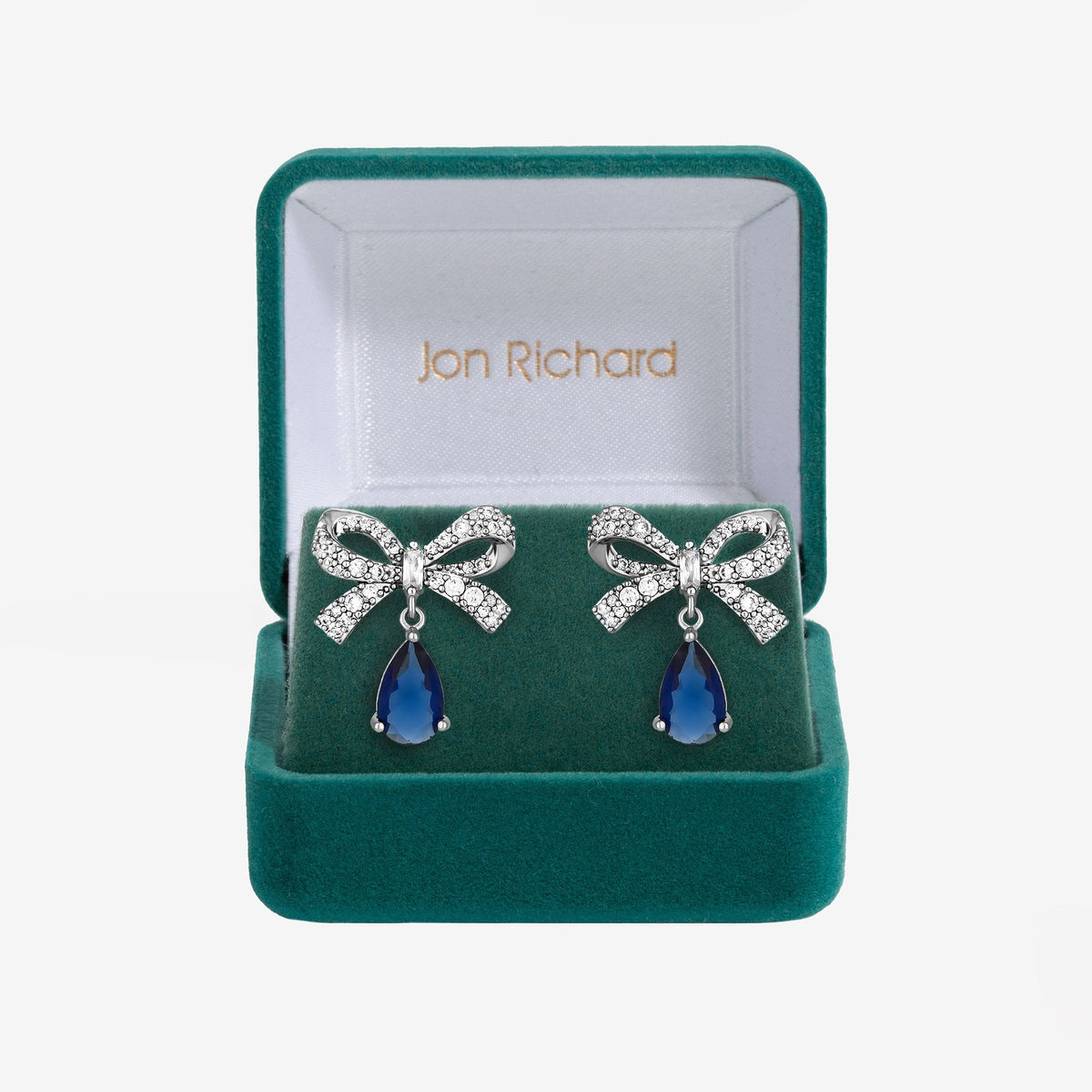 Jon Richard Rhodium Plated Cubic Zirconia Bow And Blue Peardrop Earrings