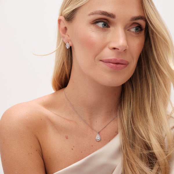 Jon Richard Rhodium Plated Cubic Zirconia Pear Drop And Pearl Set - Gift Boxed