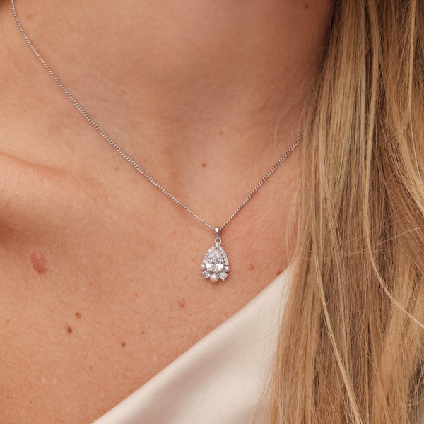Jon Richard Rhodium Plated Cubic Zirconia Pear Drop And Pearl Set - Gift Boxed