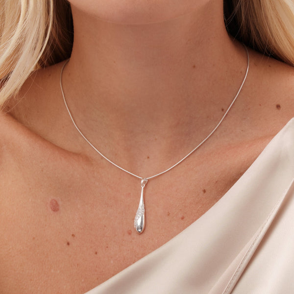 Simply Silver Sterling Silver 925 Polished and Pave Drop Pendant