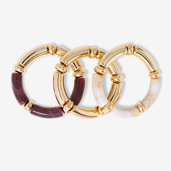 Mood Gold Cream And Plum Resin Stacker Stretch Bracelets - Pack Of 3