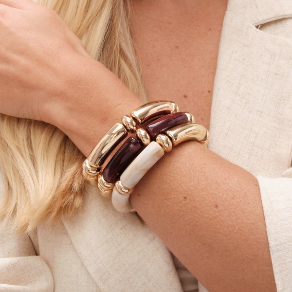 Mood Gold Cream And Plum Resin Stacker Stretch Bracelets - Pack Of 3