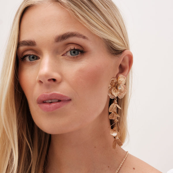 Mood Gold Crystal Laser Cut Statement Flower Drop Earrings