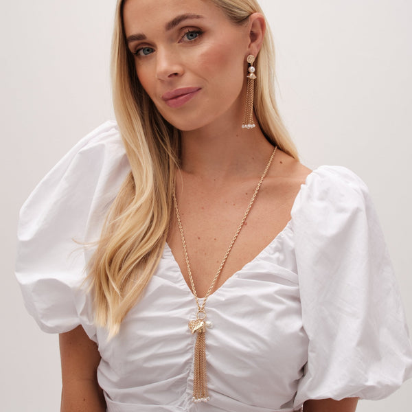 Mood Gold Hammered Heart Pearl Chain Long Pendant Necklace