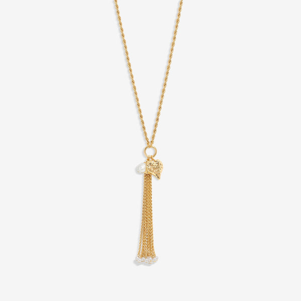 Mood Gold Hammered Heart Pearl Chain Long Pendant Necklace