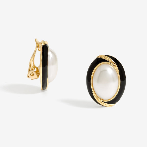 Jon Richard Pearl And Jet Enamel Pearl Clip Earrings