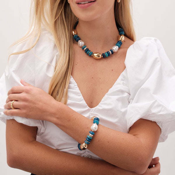 Mood Gold Blue Bead Statement Stretch Bracelet